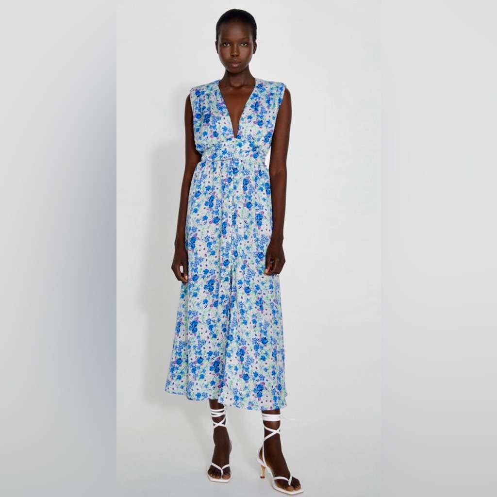 Zara Spring Bouquet Sleeveless Maxi Dress Plunging V-Neck Front Button Loops